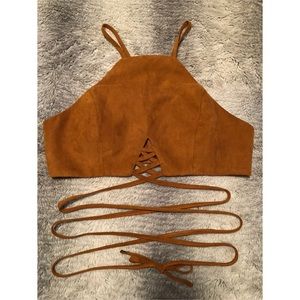 High Neck Self-tie Crop Top w/Zipper